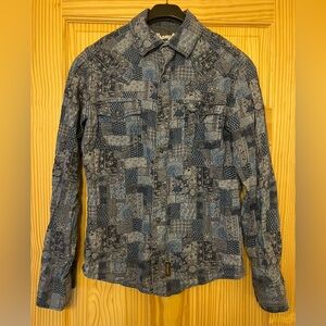 Wrangler Blue Patchwork Snap Button-Up Shirt, size Small.